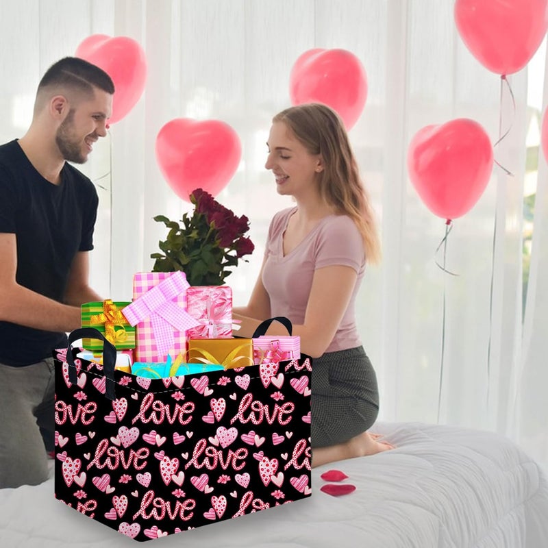 FXOCSHE Rectangular Black heart,Valentines Basket,baby Gift Basket Empty,Pink Gift baskets with Handle Organizer,Hearts Print easter Baskets,Girl Room Decor(Sweet love) - Image 2